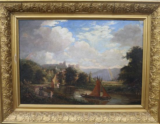 19th century English School, oil on canvas, Castle viewed from the river 46 x 66cm.